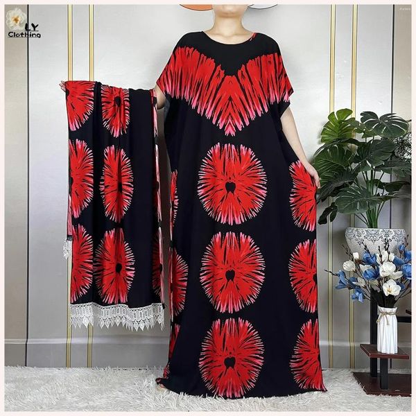 Ropa étnica 2023 Moda musulmana Mujer de verano Vestidos de manga corta con bufanda grande Algodón suelto Boubou Kaftan Islam Africano Abaya