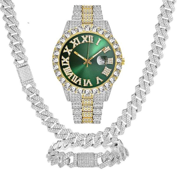 Relógios de pulso Smvp Homens Hip Hop Calendário Luxo Verde Dail Relógios Colar Pulseira Conjunto de Jóias Bling Ouro Prata Diamante Cubano Cadeia Relógio