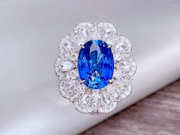 Anelli a grappolo Anello con zaffiro blu HJY da 4,06 ct, vero oro 18 carati, pietra preziosa reale non riscaldata, diamanti, pietra femminile