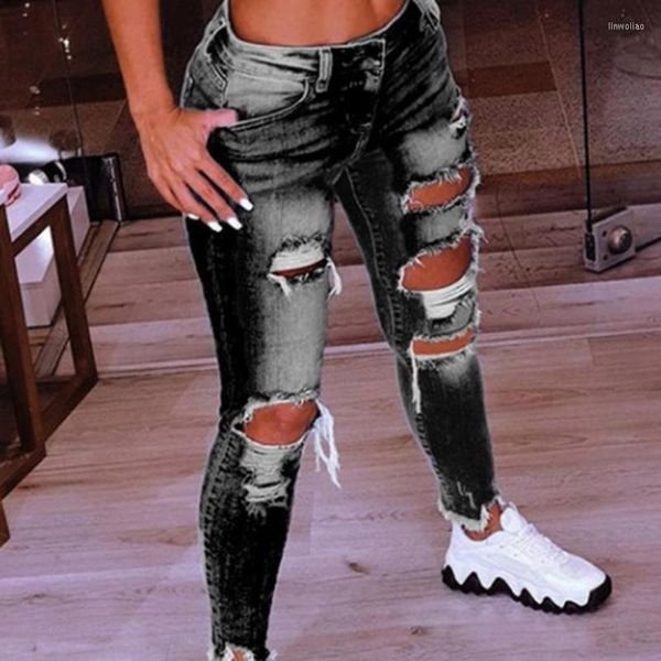 Женские джинсы Мода Женщины с низкой талией подтягивание бедра разорванные отверстия скинни джинсовые брюки брюки растягиваемые отверстия трусики