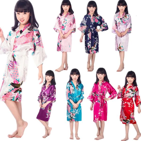Pyjamas Großhandel für Kinder, Satin-Kimono-Roben für Mädchen, Kinder, Blumen-Nachtwäsche, Pfauenblumen-Robe, Spa, Hochzeit, Geburtstag, Nachthemd 231121