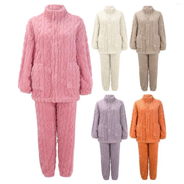 Abbigliamento da palestra Donna Jacquard Tessuto Fuzzy Fleece Manica lunga 2 pezzi Pigiama Completi Maglione Pantaloni Pigiama Set Pigiama scozzese scozzese