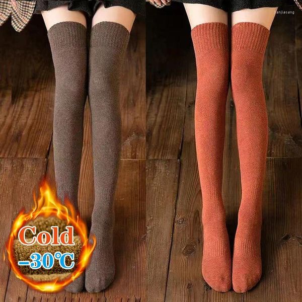 Meias femininas super quentes de inverno, meias altas até o joelho, grossas de lã térmica, caxemira, botas macias de neve, chão para dormir para mulheres e meninas