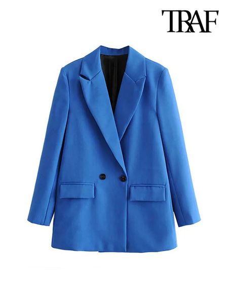 Ternos femininos blazers traf mulheres chique escritório senhora duplo breasted blazer casaco vintage moda gola entalhada manga longa senhoras outerwear elegante tops 231120