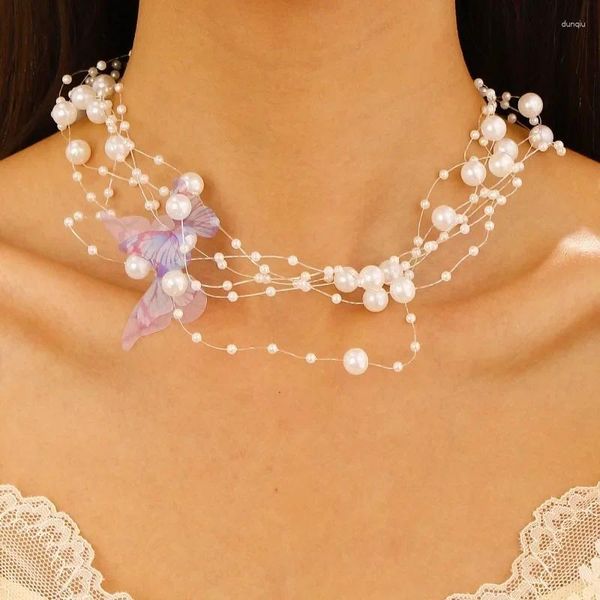 Catene WANZHI Collana con farfalla di perle multistrato di lusso leggero per le donne Design di nicchia Dolce catena di clavicole Gioielli per abiti da sposa