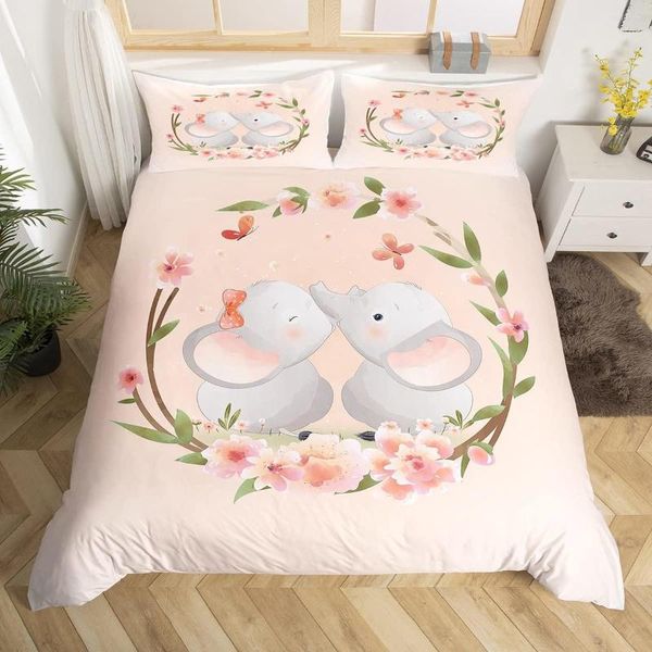 Yatak takımları sevimli fil yorgan kapağı seti pembe çiçek yorgan kawaii karikatür hayvan ikiz tam kiraz çiçekleri yatak keten