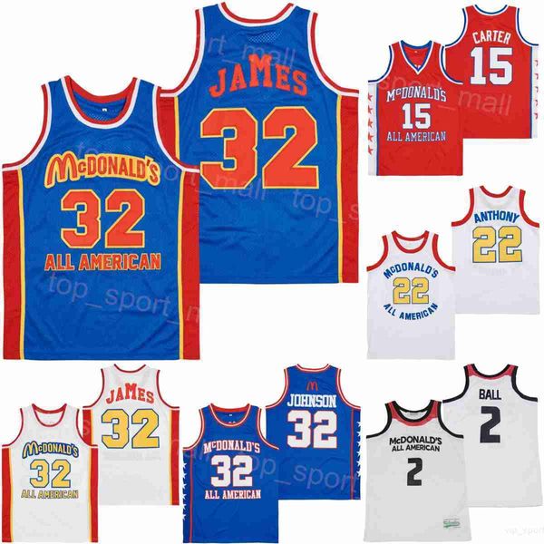 Film ALL AMERICAN MCDONALDS Trikots Basketball LEBRON JAMES 32 LONZO BALL 2 Carmelo Anthony 22 MAGIC JOHNSON Vince Carter 15 Blue WHite Orange High School Shirt