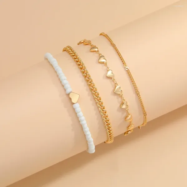 Fußkettchen Gold Farbe Herz Fußkettchen Für Frauen Mädchen Mode Strand Perlen Mehrschichtige Vintage Fuß Armbänder Schmuck Geschenke