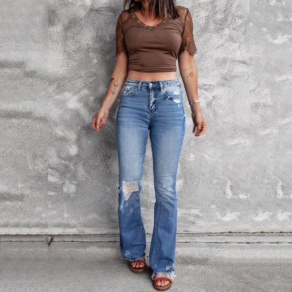 Damen Jeans American Washed Tight Y2k Blue Ripped High Waist Stretch Denim Hose Vintage Baggy Bottom Mom Jean Female Streetwear