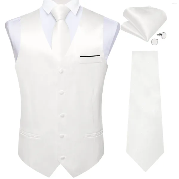 Coletes masculinos dibangu branco cetim colete para casamento luxo gravata bolso quadrado abotoaduras colete vestido homem presente festa de negócios