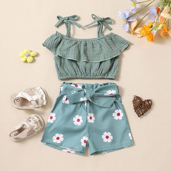 Kleidungssets Kleinkind Mädchen ärmellose Sommer Neckholder Rüschen Top Blumendruck Shorts 2PCS Outfits Decke Set für Baby Größe 2t Kleidung