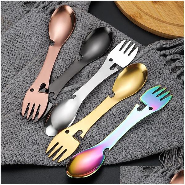 Forchette Strumento portatile Mti Posate Apriscatole Campo Spork Posate Utensile Bottiglia Picnic Stoviglie in acciaio inossidabile Forchetta Cucchiaio Lx4980 Dro Dhyoz