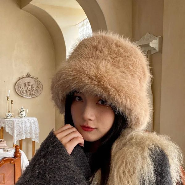 Stingy Brim Chapéus Moda de Alta Qualidade Faux Fur Mink Fluffy Chapéu Mulheres Inverno Quente Pelúcia Pulôver Cashmere Cap 231121