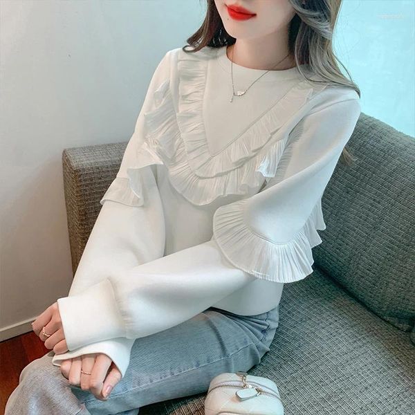 Kadın Hoodies Kore tarzı beyaz mahsul sweatshirt kadınlar y2k harajuku fırfırlar uzun kollu gevşek 2023 sonbahar kazak sevimli kırpılmış üstler