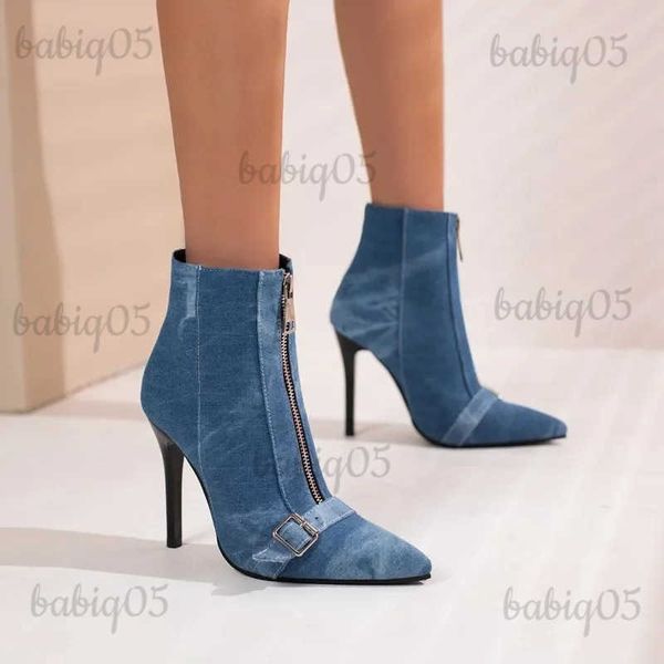 Botas Sexy Mulheres Stiletto Fino Salto Alto Ankle Boots Snake Skin Punk Buckle Front Zipper Botas Curtas Azul Denim Jean Sapatos Tamanho 34-48 T231121