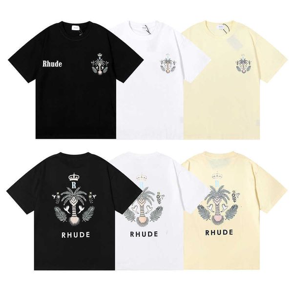 e Primavera Estate Nicchia Bellezza Tendenza Rhude Coconut Tree Crown Stampa Uomo Donna T-shirt ampia e casual a maniche corte