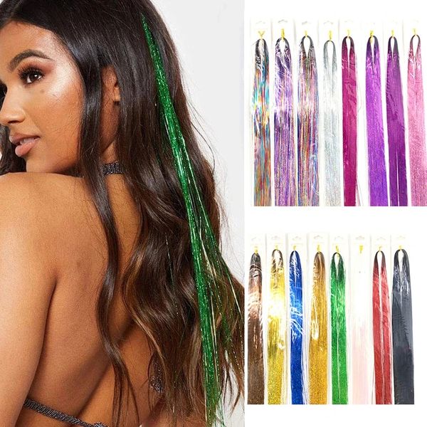 90 cm Glänzende Fäden Glitter Haar Lametta Kit Gold Seide Haar Glitter String Extensions Zubehör für Frauen Kopfschmuck 24 Farben