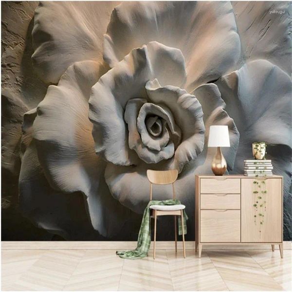 Duvar Kağıtları 3D Stereoskopik Gri Kabartmalı Gül Çiçeği Oturma Odası Yatak Odası Duvar Kağıtları Ev Dekoru Çiçek Duvar Duvar Kağıdı