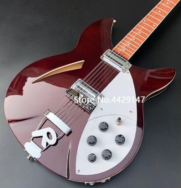 Backer 330 360 12 Saiten, braune halbhohle Korpus-E-Gitarre, lackiertes, glänzendes Griffbrett, Doppelbindung, scharfe Ecken, Vintage-Tuner, R-Saitenhalter, Dual-Ausgangsbuchsen