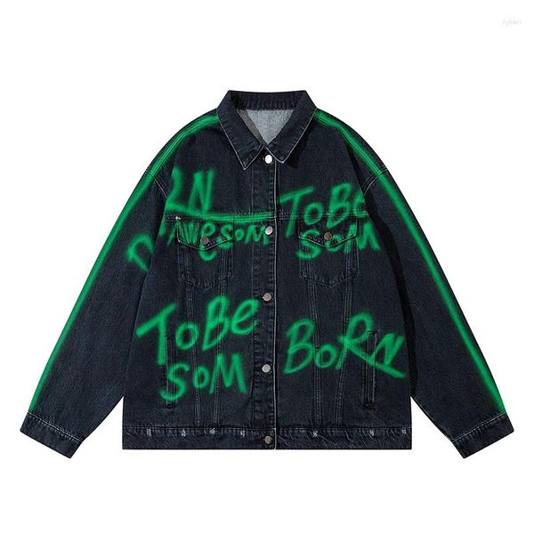 Мужские куртки Зеленые лоскутные расписные буквы Chaquetas Hombre Baggy Y2k Джинсы для мужчин Постиранная уличная одежда Джинсовое пальто Большой бомбер
