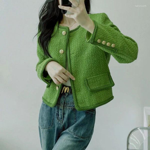 Giacche da donna Cappotto in tweed con piccola fragranza verde O Collo Autunno Inverno Giacca casual da donna elegante elegante coreana di alta qualità