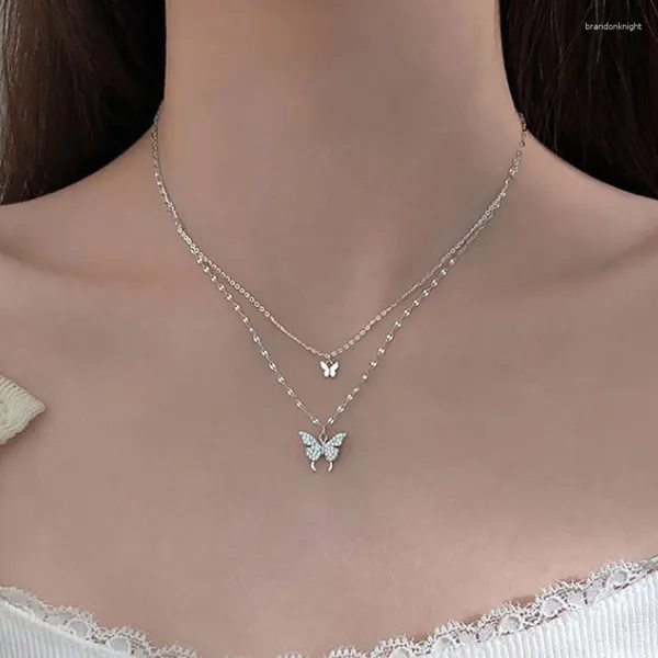 Цепочки из стерлингового серебра 925 пробы, двухслойное ожерелье-бабочка для женщин, INS, маленькая свежая блестящая циркониевая цепочка на ключицу, ювелирные аксессуары