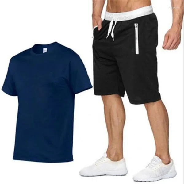Männer Trainingsanzüge 2023 Baumwolle-Sommer 2023Zwei Stück Set Männer Kurzarm T Shirt Cropped Top Shorts Design Mode PJM
