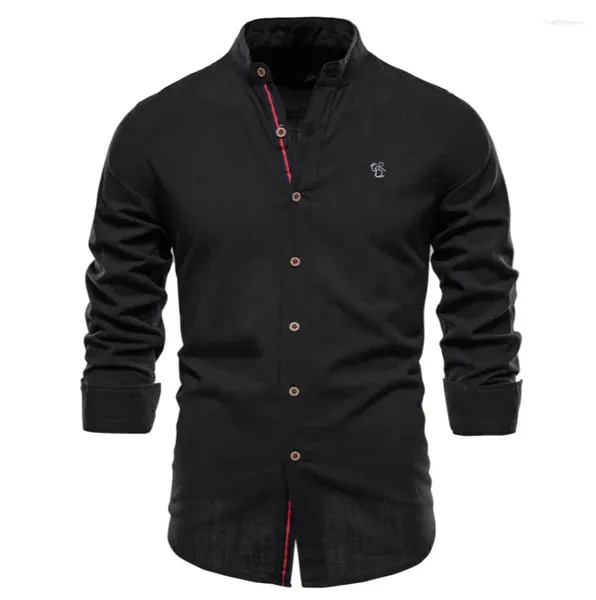 Camicie casual da uomo Moda Uomo Ricamo Etichetta Camicia di lino in cotone nero Alta qualità Trendyol Mens Social Manica lunga Camisas De Hombre