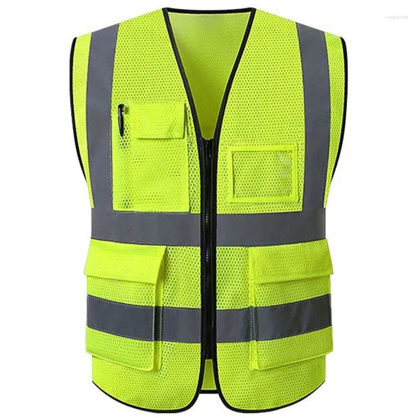 Gilet da uomo Gilet di sicurezza Maglia riflettente ad alta visibilità con tasche e lavori di costruzione con cerniera