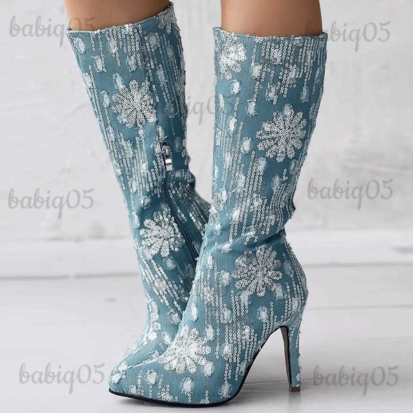 Botas Marca Design Mulheres Mid Bezerro Botas Denim Stiletto Fino Salto Alto Zip Sexy Party Dress Botas Pontilhadas Toe Glitter Sapatos Mulher 2023 T231121