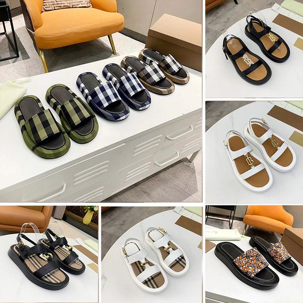 Tasarımcı İzleyiciler İşlemeli Deri Şişli Terlik Erkek Kadın Kafes Slaytları Platform Platform Sandalet Düz Kahverengi Kauçuk Flip Flops Vintage Ekose Slaytlar Boyut 35-45