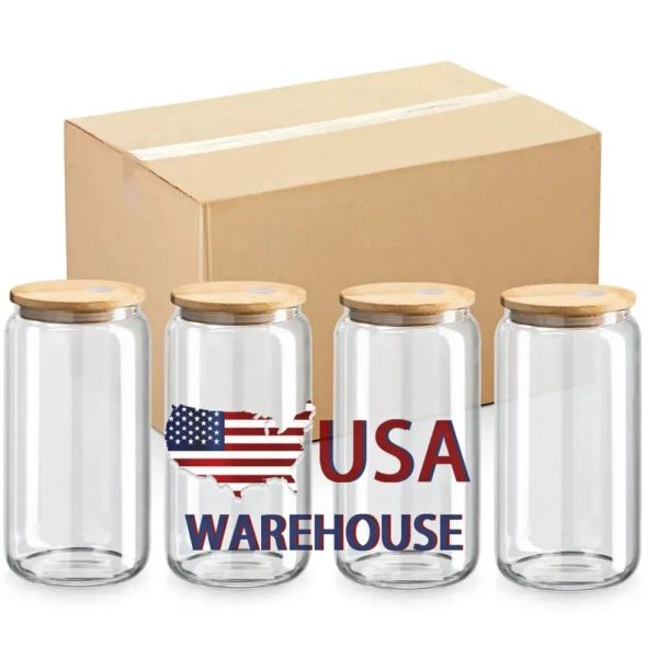 US Warehouse 16 once tazze dritte in bianco sublimazione smerigliato trasparente Bicchieri da caffè in vetro trasparente con coperchio in bambù e cannuccia 0421
