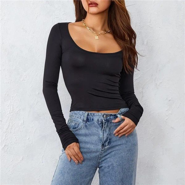 Women's T Shirts Slim Fit T-Shirt Women Long Sleeve Scoop Neck Solid Color Black Red Yellow Stretchy For Casual Crop Tops
