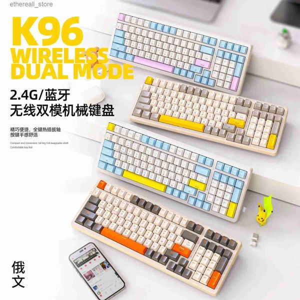 Teclados Silent K96 Bluetooth Wireless Dual-Mode 2.4G USB Tipo C Teclado Mecânico Russo 100 Teclas Jogo Hotswap Office Keyboard Q231121