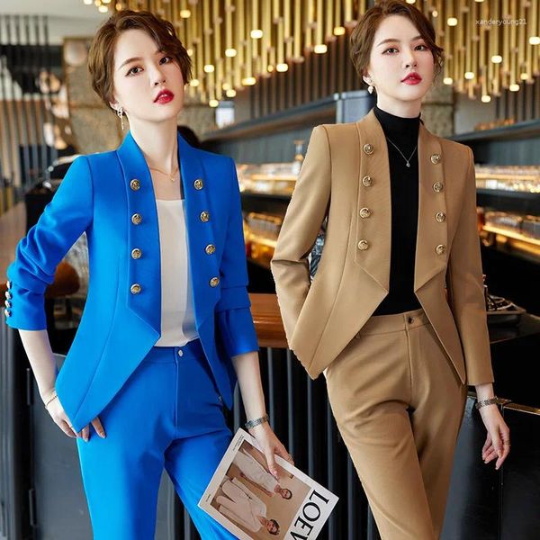 Calças femininas de duas peças 2023 outono inverno senhoras calça formal terno 2 conjunto mulheres azul cáqui feminino trabalho desgaste blazer jaqueta e