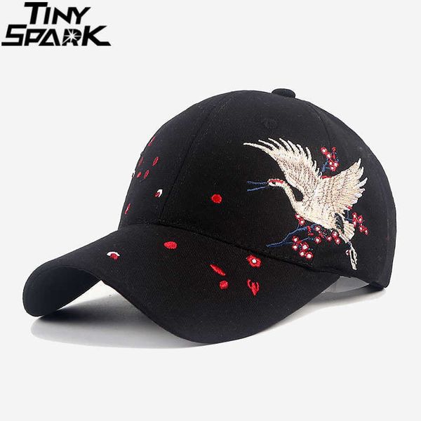 Caps de bola Men Hip Hop Cap Crane Floral Bordado japonês estilo Harajuku Baseball Caps Snapback Dad Caps Mulheres Capatinho preto Branco J230421