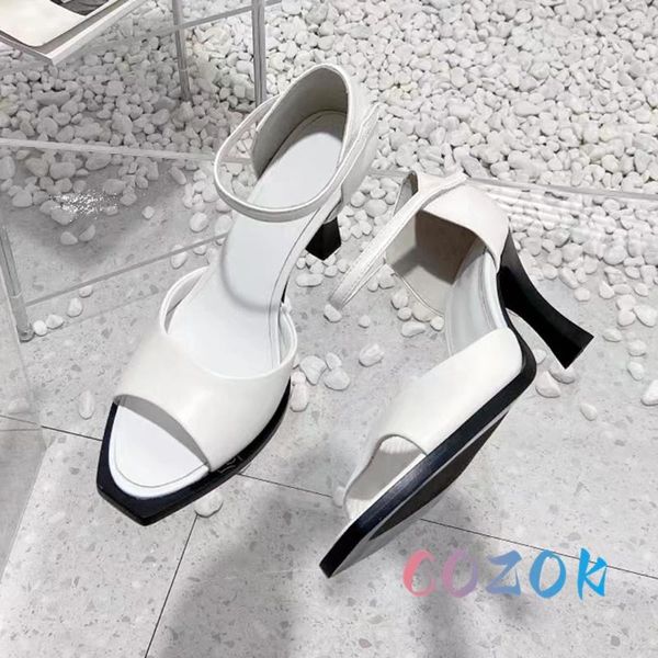 Sandali Retro Square Peep Toe Copri cinturino sul davanti Tacco Mary Jane Vera pelle Scarpe da sera con fibbia per cintura estiva con tacco alto da donna