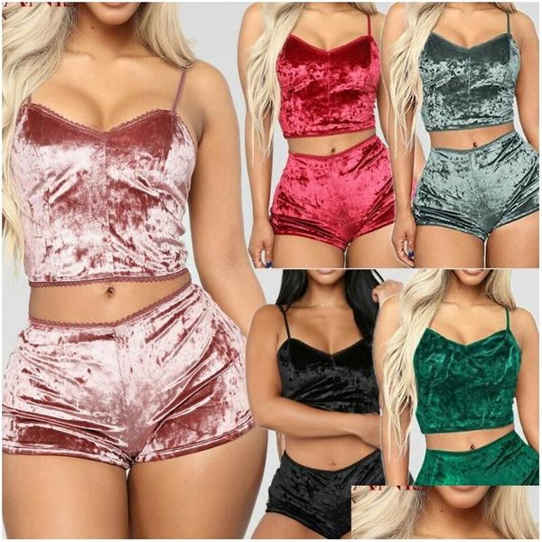 TRABALHOS femininos Novos estilos Senhoras Twopieces Veet SleepWears Setes Y Spaghetti Strap Shorts de alta qualidade Pamas de pijama Party S Dh5cn