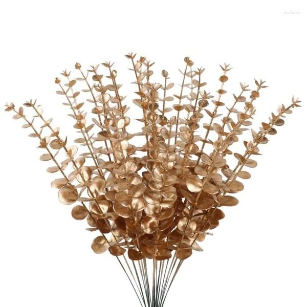 Fiori decorativi 1 pezzo steli di eucalipto oro artificiale foglie tocco reale bouquet da sposa arredamento minimalista per la casa