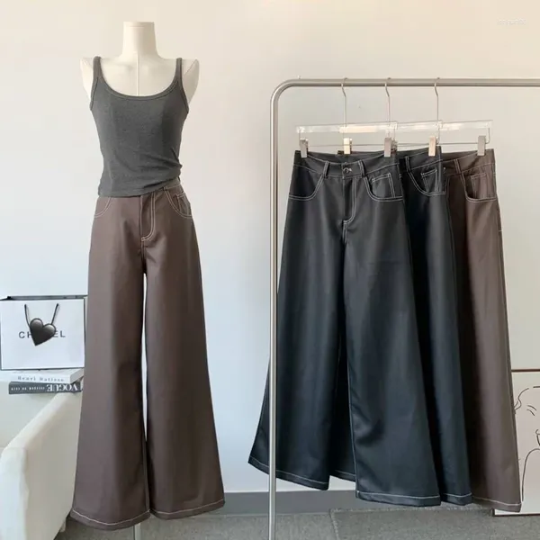 Damenhose Herbst Winter Breites Bein Für Frauen Offenes Drahtdesign Solides Loses Leder