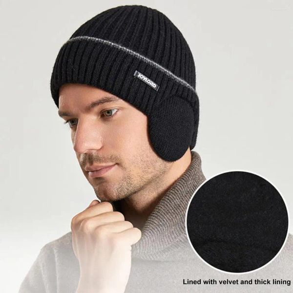 Berets unissex proteção de orelha chapéu inverno gorro para mulheres homens engrossados lã de malha com forro de lã com nervuras earflaps elegantes