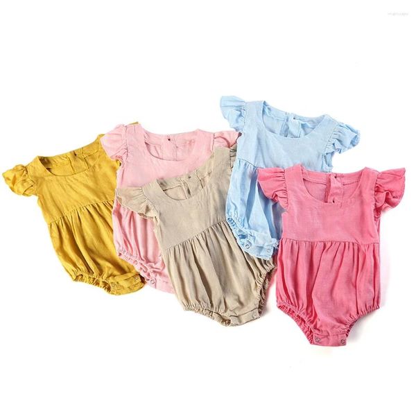 Комбинезоны, оптовая продажа, летний комбинезон для новорожденных девочек, льняные комбинезоны с развевающимися рукавами, однотонные боди, одежда для младенцев 0-24 м