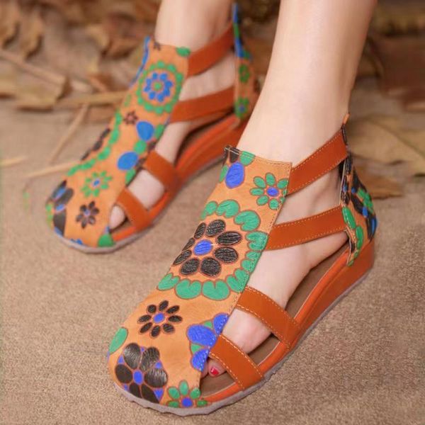 Sandali Retro Donna In Pelle Bohemian Summer Baotou Antiscivolo Zeppa Romana Modello Fatto A Mano Scarpe Donna 230421