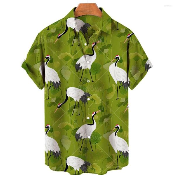 Camisas casuais masculinas de verão masculino impressão cisne masculina de botão de moda retrô de lapela de capa de manga curta grande
