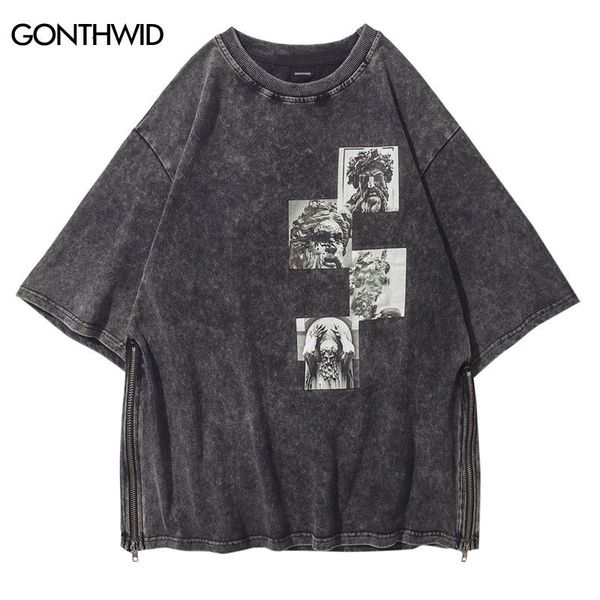 Men S T Shirts Vintage Tirmate Streetwear Men estátuas imprimem zíper angustiado camarada hip hop harajuku casual algodão punk gótico camisetas top 230421
