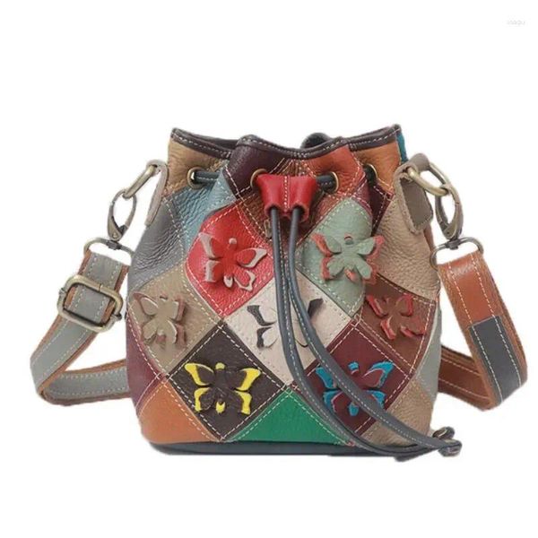 Sacos de noite Lomantina borboletas coloridas balde de couro genuíno para meninas designer de alta qualidade pequeno crossbody mensageiro bolsa tote