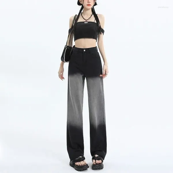 Damen Jeans Korean Fashion Schwarz Grau Hosen Y2k Vintage Herbst High Street Frauen Hosen Taille Lose Dünne Beiläufige Denim