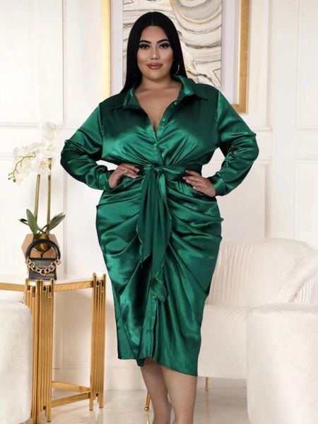 Платья больших размеров, атласная рубашка, зеленый отложной воротник, миди с длинным рукавом, коктейльная вечеринка, нерегулярная упаковка, модная одежда для женщин