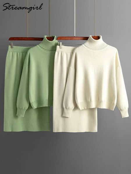 Abito a due pezzi Dolcevita autunnale Maglione da donna e set da sci Pullover invernale lavorato a maglia Top bianco 231120