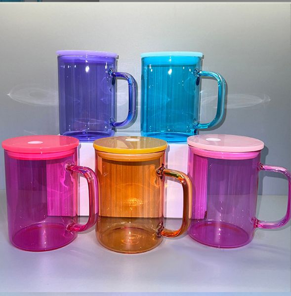 17-Unzen-Becher aus farbigem Sublimationsglas mit farbigem Kunststoffdeckel. Kaffeetasse aus Borosilikatglas, Gelee-Einmachglas, Libby-Dosenkühler, Cola-Bier-Lebensmitteldosen, 5 Farben